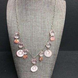 Pink Shell Necklace Mother Of Pearl Silver Chain Circle Faceted Crystal Dangles